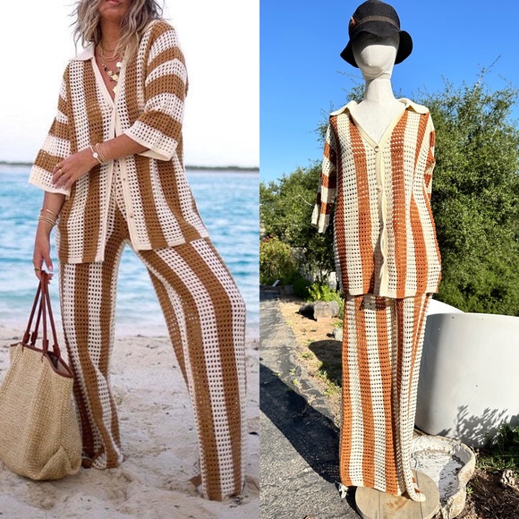 SOLITAIRE Sexy Hollow Out 2 Piece  Knit Crochet Top and Drawstring Pants Set - Picture 1 of 11